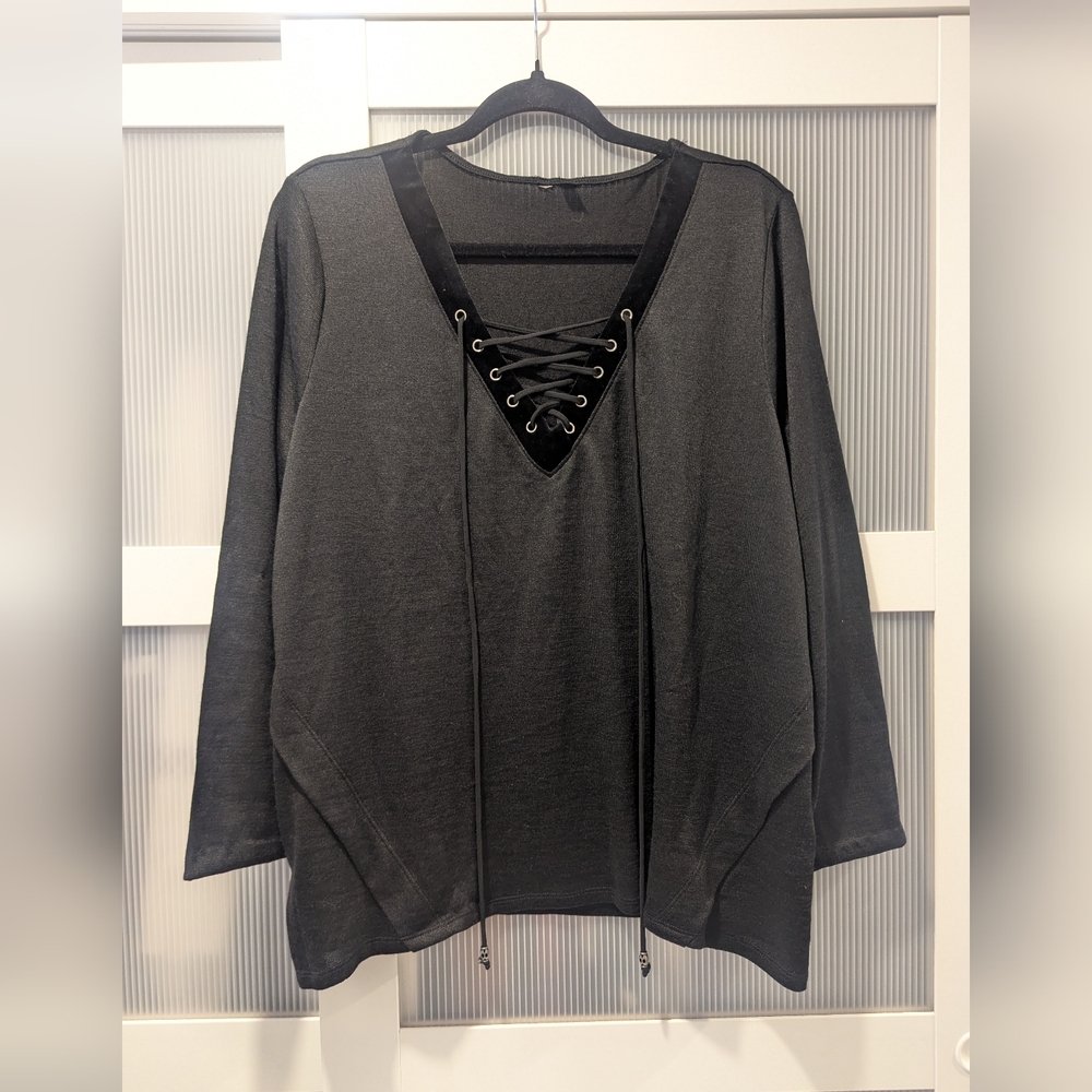 Plus Size Black Lace-Up V-Neck Women's Top